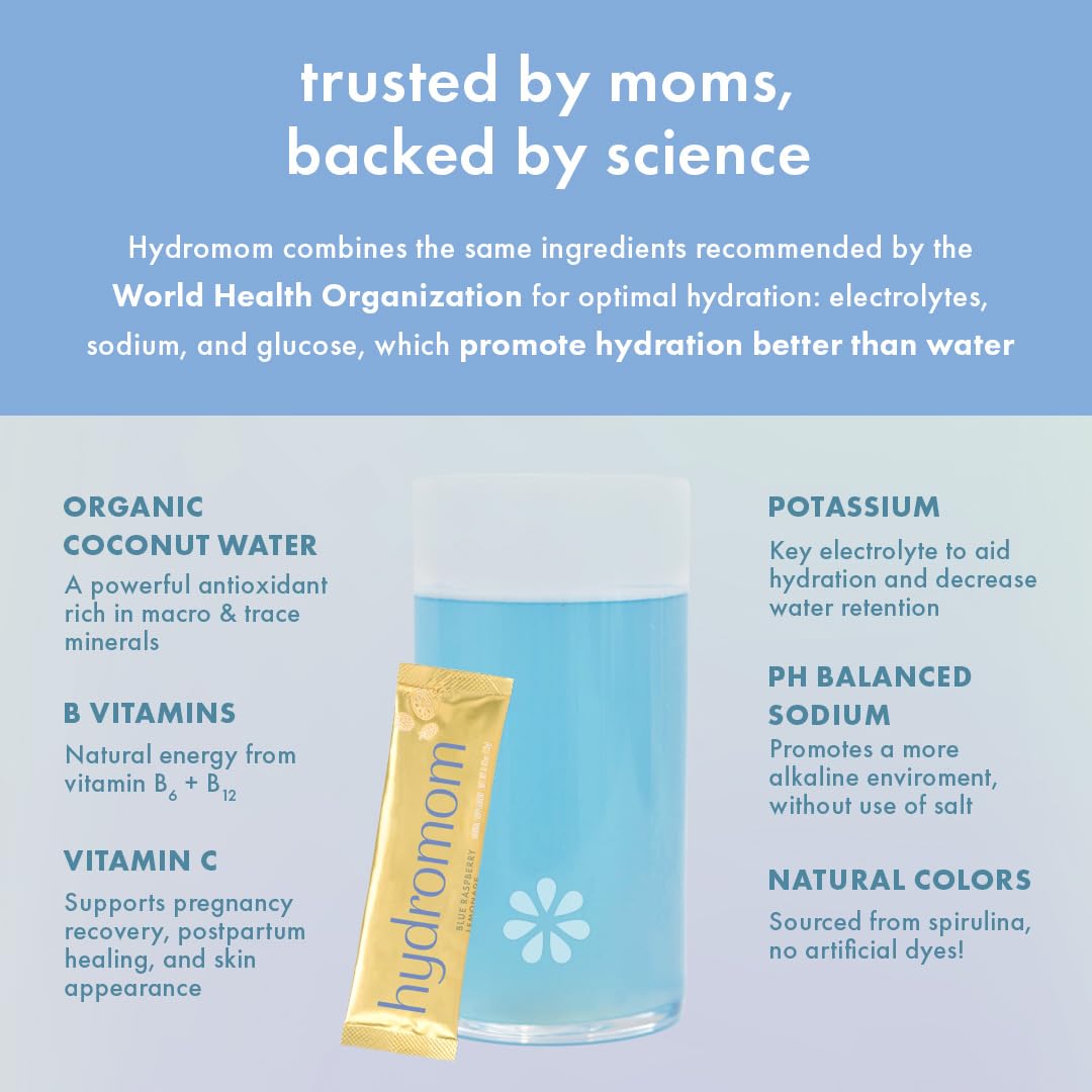 Boobie Hydromom Superfood Electrolyte Drink Mix, Blue Raspberry Lemonade - Refreshing Energy & Hydration Boost for Mamas - On-The-Go & Travel Essentials for Pregnancy