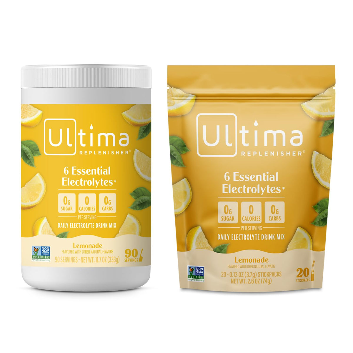 Ultima Replenisher Electrolyte Powder Drink Mix Bundle - Sugar Free - Lemonade, 90 Serving Canister and 20 Stickpacks - 6 Electrolytes and Minerals - Keto Friendly, Vegan, Non-GMO