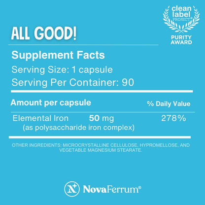 NovaFerrum All Good - Iron Capsule Supplements for Adults - Anemia - 50mg of Iron - 90 Servings - Sugar Free - Vegan - Gluten Free