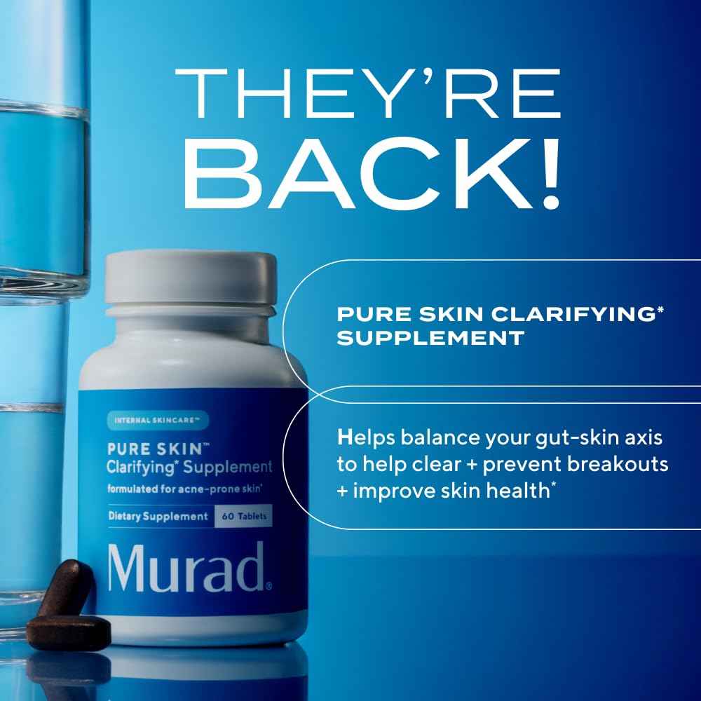 Murad Pure Skin Acne Supplements - 60 Tablets - Clear Skin Support with Blend of Vitamin A & B6, Zinc, Amino Acids, & Burdock Root - Promotes Healthy Skin, Oil Balance, Gut Health & Stress Relief