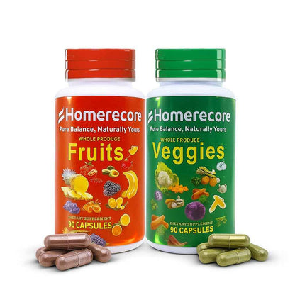 HOMERECORE Whole Food Fruits & Veggies Supplement Plant-Based, Vegan, Gluten-Free, Soy-Free No Fillers Natural Superfoods Boost Energy & Immune System for Men & Women 90 Fruit & 90 Veggie Capsules