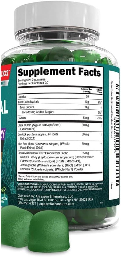 Sea Moss Gummies - Clinically Tested - Black Seed Oil Ashwagandha Elderberry Burdock Root Chlorella Manuka Honey - Vegan Irish Sea Moss Gummy Vitamins for Adults Kids Men Women - Green Apple Flavor