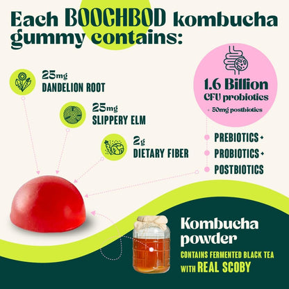 BoochBod - Probiotic Kombucha Gummy - Prebiotics, Probiotics, Postbiotics, Fiber Supplement, Slippery Elm, Dandelion Root, MCT Oil, for Bloating, Gut Health - Berry Bliss - Lemon Lime - Bundle & Save