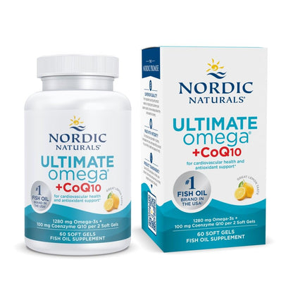 Nordic Naturals Ultimate Omega + CoQ10, Lemon Flavor - 120 Count - 1280mg Omega-3 + 100mg CoQ10 for heart health & cellular energy. Antioxidant. Non-GMO soft gels. 60 servings.