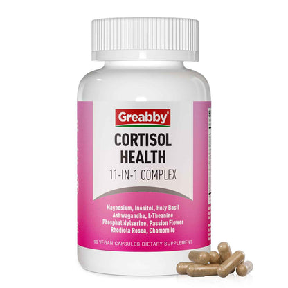 GREABBY Cortisol Supplements for Women, 11-in-1 Formula with Ashwagandha, L-Theanine, Phosphatidylserine and More, Lower Cortisol Health Support, 90 Vegan Capsules