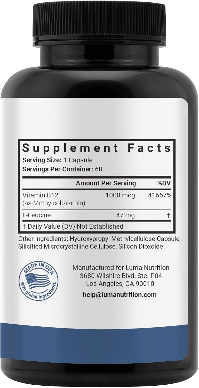 Luma Nutrition Vitamin B12 Methylcobalamin 1000 mcg – Energy & Nervous System Support, 60 Capsules