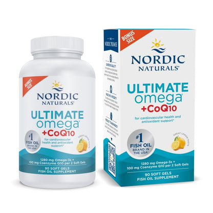 Nordic Naturals Ultimate Omega + CoQ10, Lemon Flavor - 120 Count - 1280mg Omega-3 + 100mg CoQ10 for heart health & cellular energy. Antioxidant. Non-GMO soft gels. 60 servings.