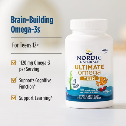 Nordic Naturals Ultimate Omega 2X Teen, Strawberry - 60 Mini Soft Gels - 1120 mg Total Omega-3s with EPA & DHA - Brain Health, Positive Mood, Social Development, Learning - Non-GMO - 30 Servings - 2X for teens. EPA+DHA supports brain, mood & social develo