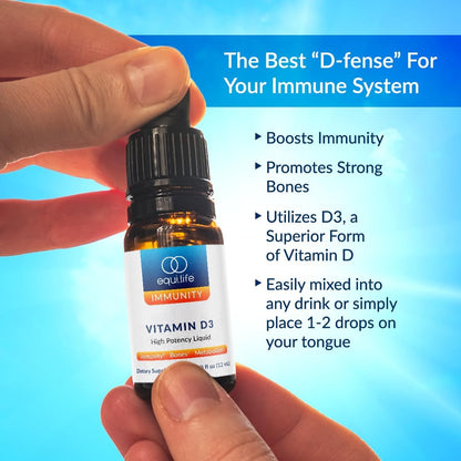 Equilife Vitamin D3: High Potency Liquid Drops, Non GMO, 0.40 fl oz - Easy Digestion & Absorption - Supports Immune Function - Promotes Bone & Overall Health - Allergen & Gluten Free - Non-GMO
