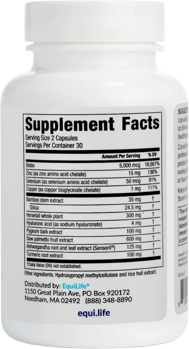 Equilife Daily Hair Support Supplement, Blend with Biotin, 60 Capsules - Ashwagandha, Zinc & Saw Palmetto - Helps Enhance Thickness & Strength - Supports Hair Growth & Repair - Gluten Free - Non-GMO