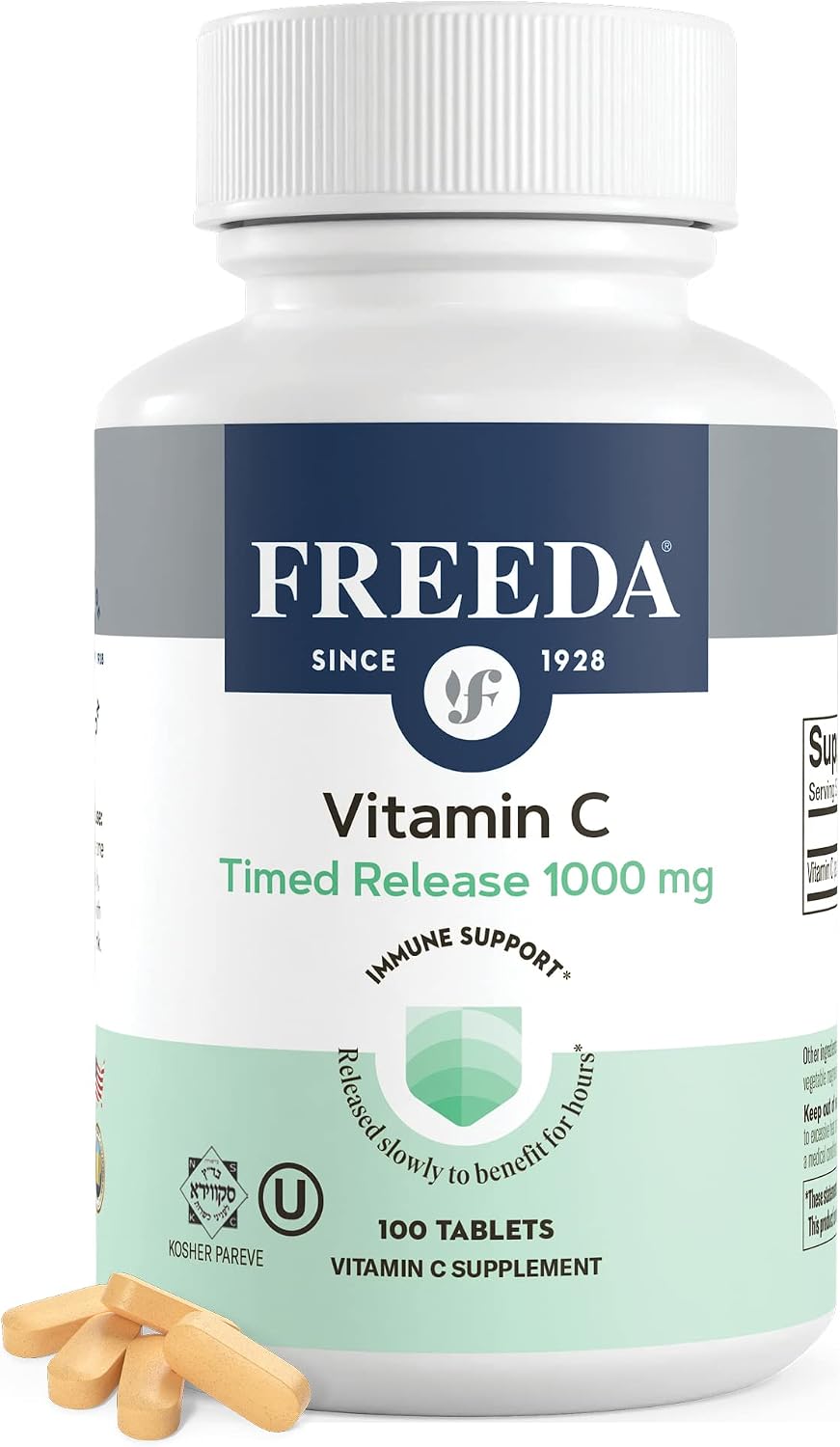 FREEDA Timed Release Vitamin C 1000mg - Slow-Release for All-Day Immune & Antioxidant Support, Gentle on Stomach, Kosher & Vegan, High-Absorption Tablets (100 Tablets) - Supports All-Day Immune & Antioxidant Defense - Promotes Collagen & Cell Health - Gen