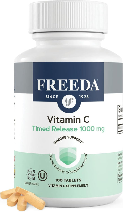 FREEDA Timed Release Vitamin C 1000mg - Slow-Release for All-Day Immune & Antioxidant Support, Gentle on Stomach, Kosher & Vegan, High-Absorption Tablets (100 Tablets) - Supports All-Day Immune & Antioxidant Defense - Promotes Collagen & Cell Health - Gen