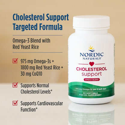 Nordic Naturals Cholesterol Support, 975mg Omega-3 + Red Yeast Rice + CoQ10 - Red Yeast Rice supports healthy LDL cholesterol naturally. EPA & DHA omega-3s for heart health. Lemon. Non-GMO. 20 servings.