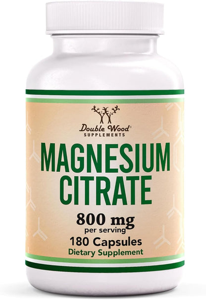 Magnesium Citrate 800mg, 180 Capsules, Digestion & Constipation Support, Vegan Safe, Non-GMO, Double Wood Supplements