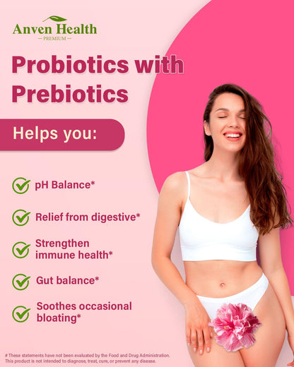 Anven Health Probiotics and Prebiotics for Women pH Balance & Digestion - 60 Billion Vaginal Probiotic with Cranberry & D-Mannose for Gut, Urinary, Immune Health