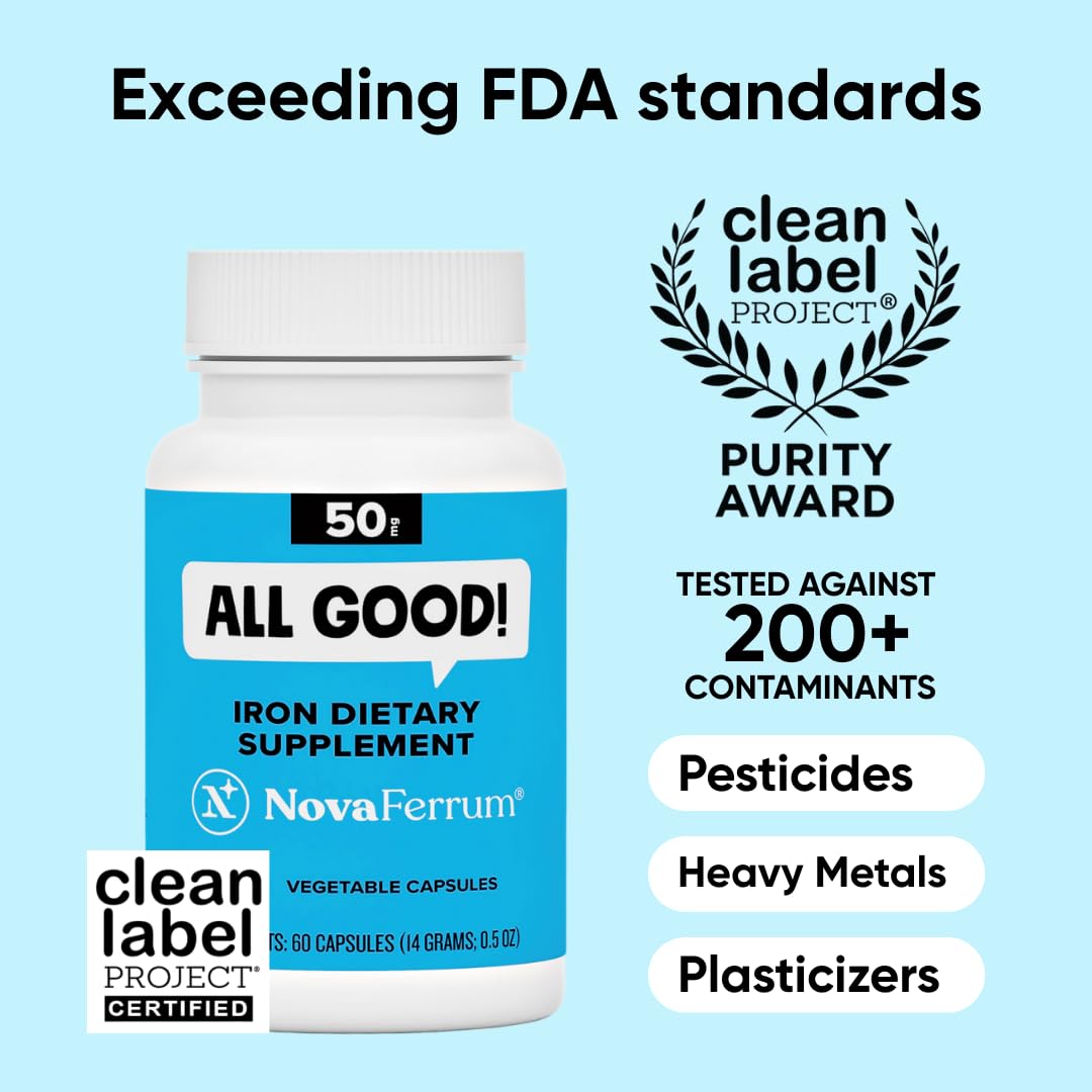 NovaFerrum All Good - Iron Capsule Supplements for Adults - Anemia - 50mg of Iron - 90 Servings - Sugar Free - Vegan - Gluten Free