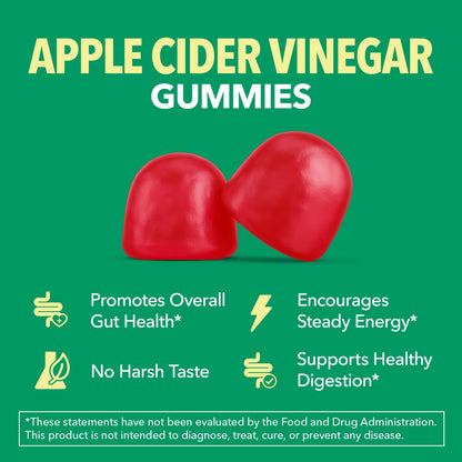 Apple Cider Vinegar Gummies, USDA Organic, Apple Flavor, 1-Month Supply - USDA Organic ACV Gummies for Digestive Health, Metabolism & Gut Support, Vegan, Gluten-Free, No Harsh Taste, 60ct