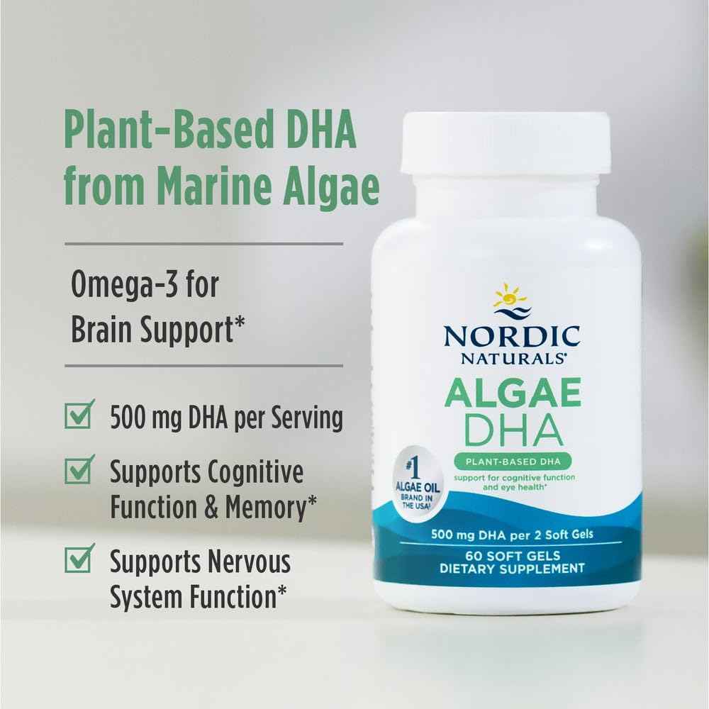 Nordic Naturals Algae DHA - 60 Soft Gels - 500 mg Omega-3 DHA - Certified Vegan Algae Oil - Plant-Based DHA - Brain, Eye & Nervous System Support - Non-GMO - 30 Servings