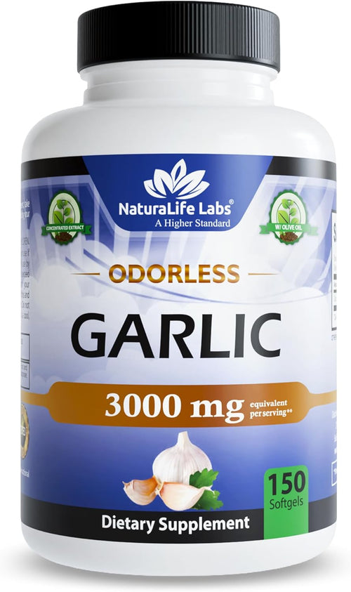 NaturaLife Labs Odorless Garlic - Concentrated 100:1 Garlic Extract with Olive Oil - 150 Softgels - Non-GMO, Gluten-Free