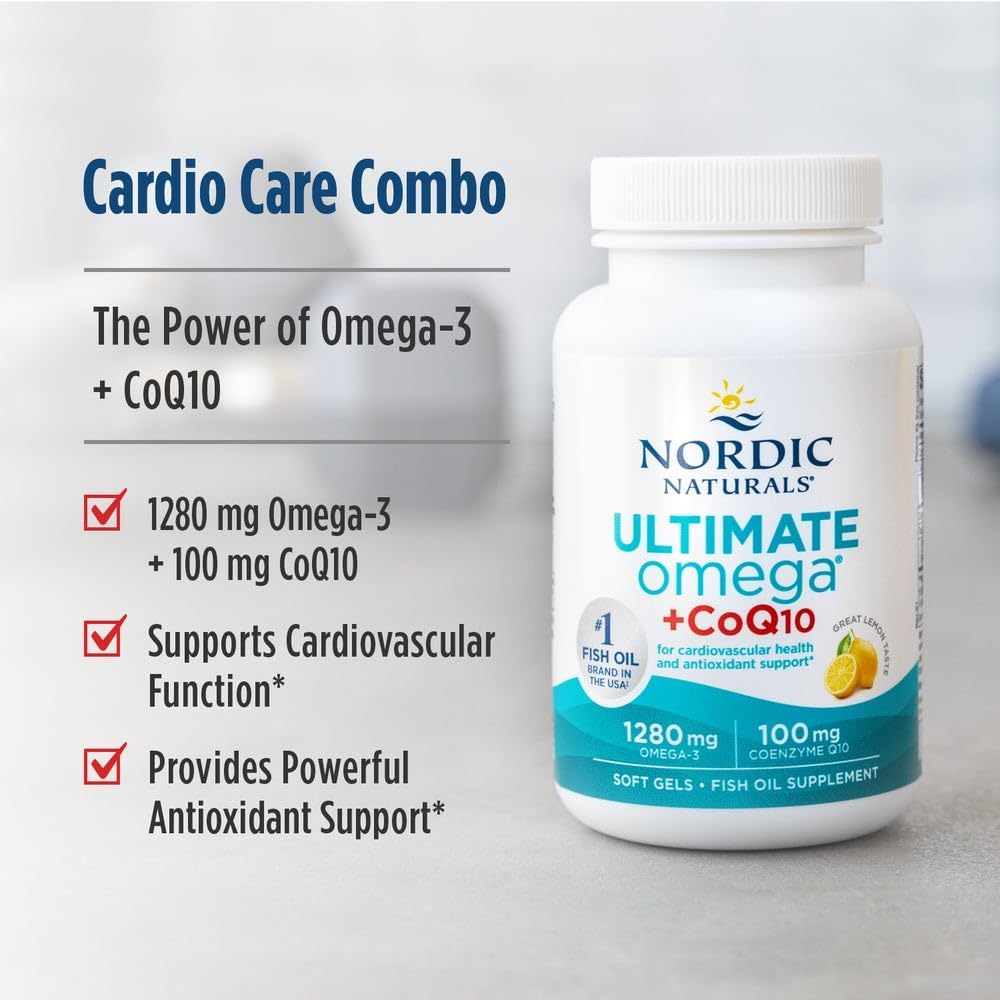 Nordic Naturals Ultimate Omega + CoQ10, Lemon Flavor - 120 Count - 1280mg Omega-3 + 100mg CoQ10 for heart health & cellular energy. Antioxidant. Non-GMO soft gels. 60 servings.