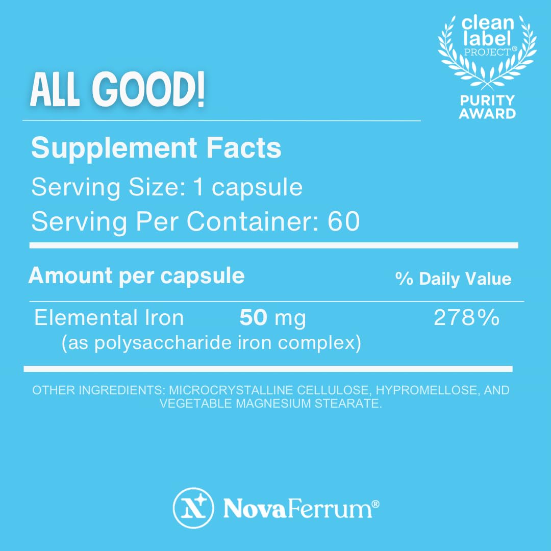 NovaFerrum All Good - Iron Capsule Supplements for Adults - Anemia - 50mg of Iron - 90 Servings - Sugar Free - Vegan - Gluten Free