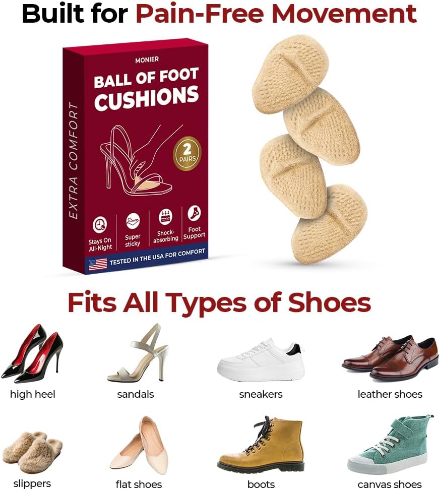 Ball of Foot Cushions for Women - Metatarsal, High Heel Comfort - High Heel Comfort for Ball of Feet, Shoe Cushions, Toe For Heels, Shoe Pads Inserts, One Size Fits All (2 Pairs)