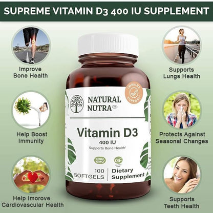 Natural Nutra Vitamin D3 400 IU Softgels, Gluten-Free Vitamin D, 100 Count - Supports Immune Function, Bone & Teeth Support, Cardiovascular Support