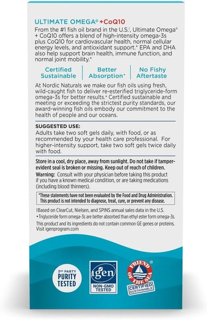 Nordic Naturals Ultimate Omega + CoQ10, Lemon Flavor - 120 Count - 1280mg Omega-3 + 100mg CoQ10 for heart health & cellular energy. Antioxidant. Non-GMO soft gels. 60 servings.