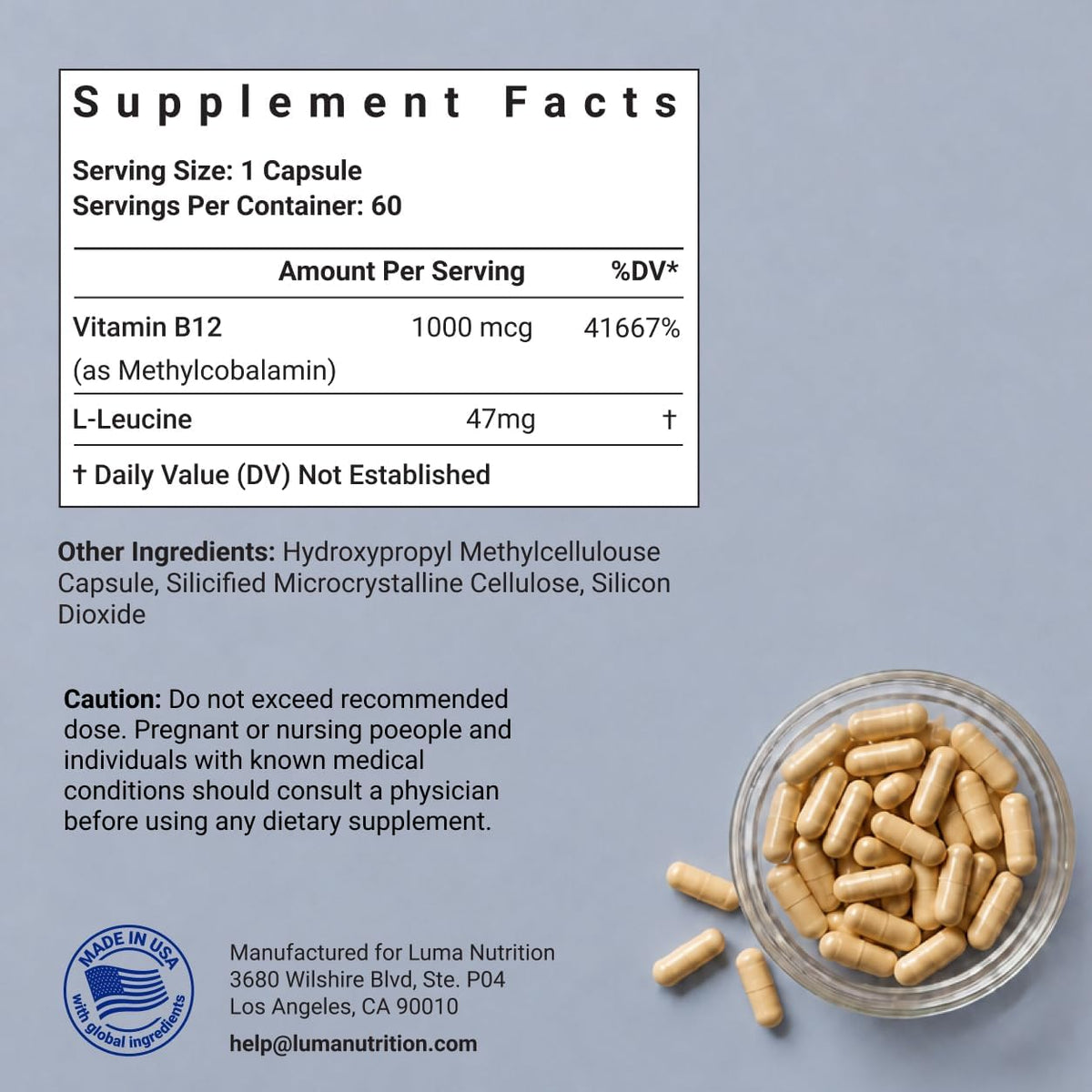 Luma Nutrition Vitamin B12 Methylcobalamin 1000 mcg – Energy & Nervous System Support, 60 Capsules