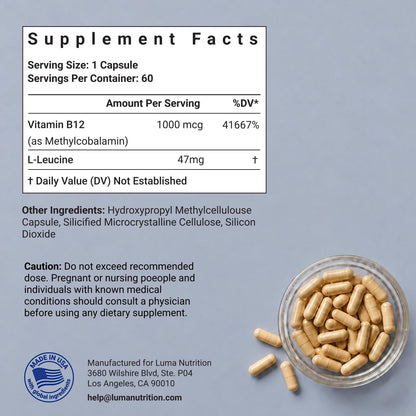 Luma Nutrition Vitamin B12 Methylcobalamin 1000 mcg – Energy & Nervous System Support, 60 Capsules