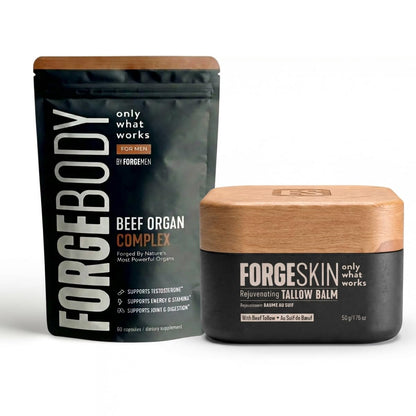 Forge Skin FORGE MEN Prime Male Anti-Aging + Health Optimization Bundle Wrinkle Defense Beef Tallow Balm Moisturizer + FORGEBODY Beef Organ Complex Capsules Supplement for Body & Brain Function