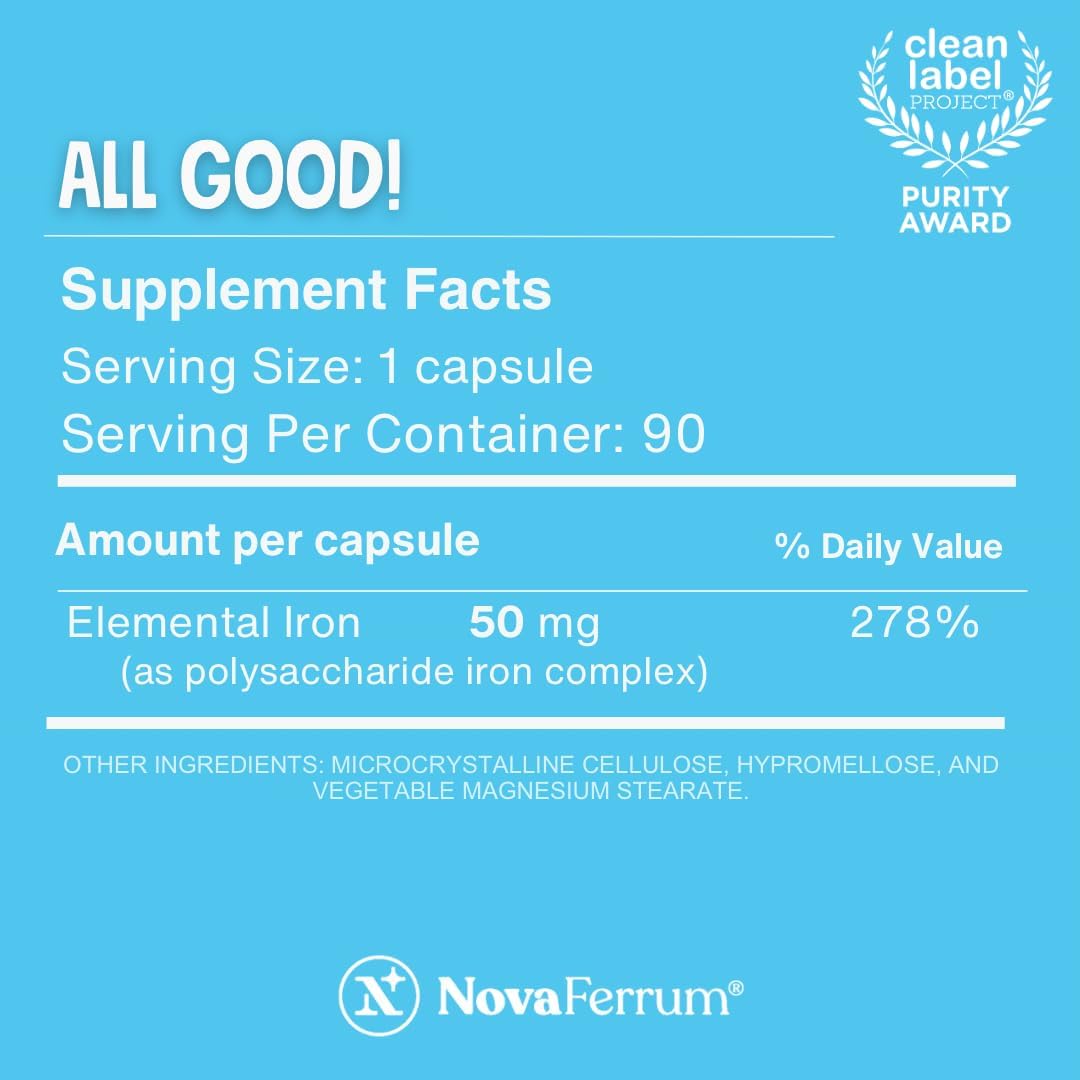 NovaFerrum All Good - Iron Capsule Supplements for Adults - Anemia - 50mg of Iron - 90 Servings - Sugar Free - Vegan - Gluten Free