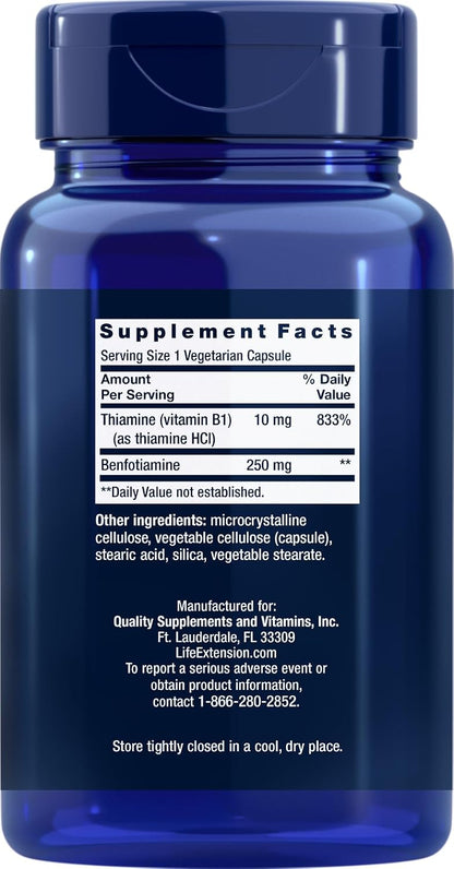 Life Extension Mega Benfotiamine 250 mg, 180 Vegetarian Capsules - 250 mg of benfotiamine and 10 mg of thiamine (vitamin B1) per capsule. Non-GMO, Gluten Free, Vegetarian.