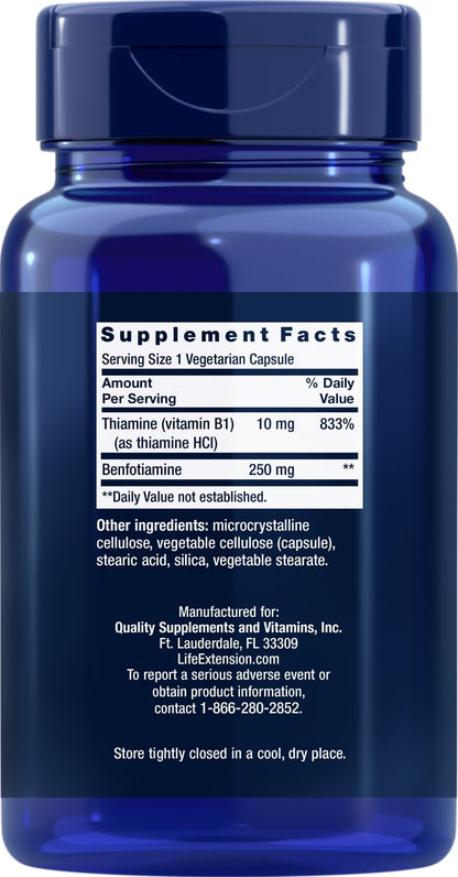 Life Extension Mega Benfotiamine 250 mg, 180 Vegetarian Capsules - 250 mg of benfotiamine and 10 mg of thiamine (vitamin B1) per capsule. Non-GMO, Gluten Free, Vegetarian.