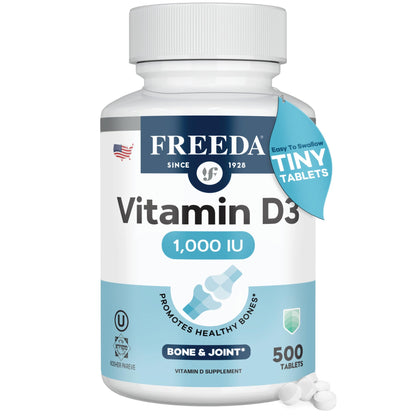 FREEDA Vitamin D3-1000 IU - Pure High Potency Kosher Supplement Tablets - Bone and Muscle Health, Calcium Absorption, Immune Support for Men and Women* - 100 Count - Supports Bone, Muscle & Immune Health - Helps Calcium Absorption - Easy-to-Swallow Tiny T