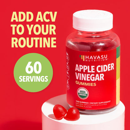 Apple Cider Vinegar Gummies, USDA Organic, Apple Flavor, 1-Month Supply - USDA Organic ACV Gummies for Digestive Health, Metabolism & Gut Support, Vegan, Gluten-Free, No Harsh Taste, 60ct