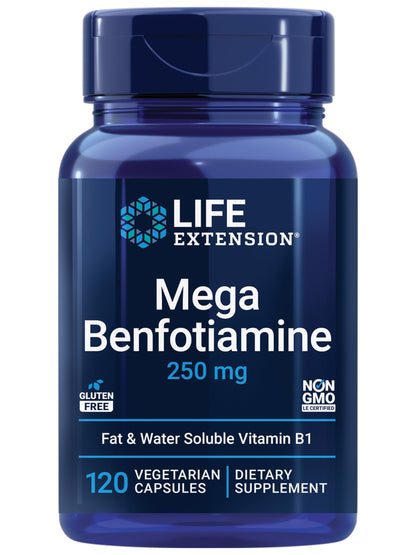 Life Extension Mega Benfotiamine 250 mg, 180 Vegetarian Capsules - 250 mg of benfotiamine and 10 mg of thiamine (vitamin B1) per capsule. Non-GMO, Gluten Free, Vegetarian.