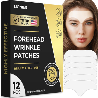 MONIER Forehead Wrinkle Patches Smoothing Overnight - Anti Wrinkle Patches - For Face And Forehead Fine Lines & Frown Lines, With Aloe, Collagen, Vitamin E, Hyaluronic Acid, 12 Pcs