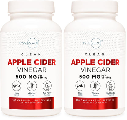 Type Zero Apple Cider Vinegar Capsules (500mg) 180 Capsules, Gluten-Free - GMO-Free Supplement