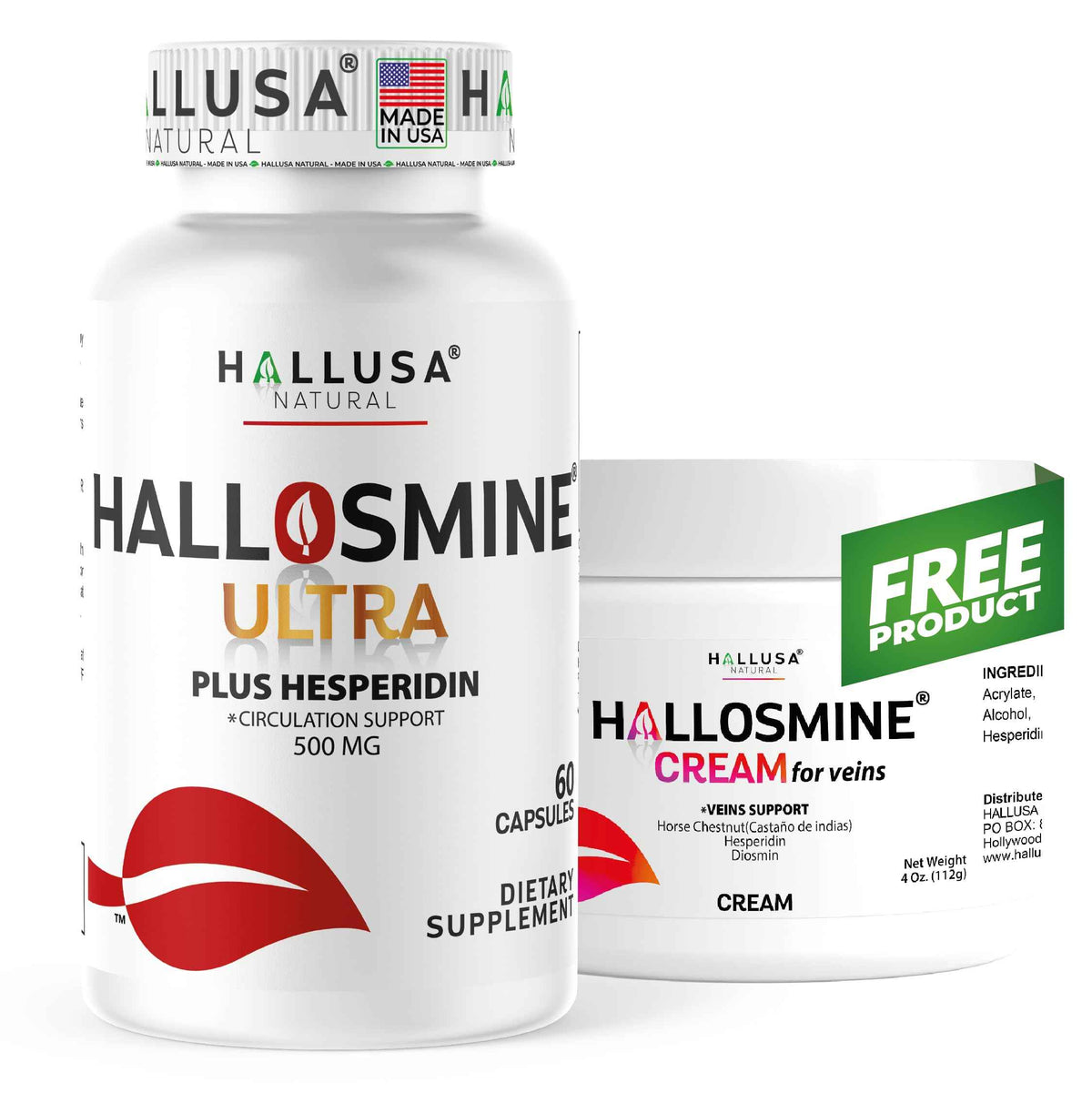 Hallosmine Ultra 650mg Diosmin Hesperidin, 60 Capsules + FREE Leg Cream with Diosmin, Hesperidin & Horse Chestnut, 4 oz - Blood Circulation & Vein Support Supplement, GMO Free, Gluten Free