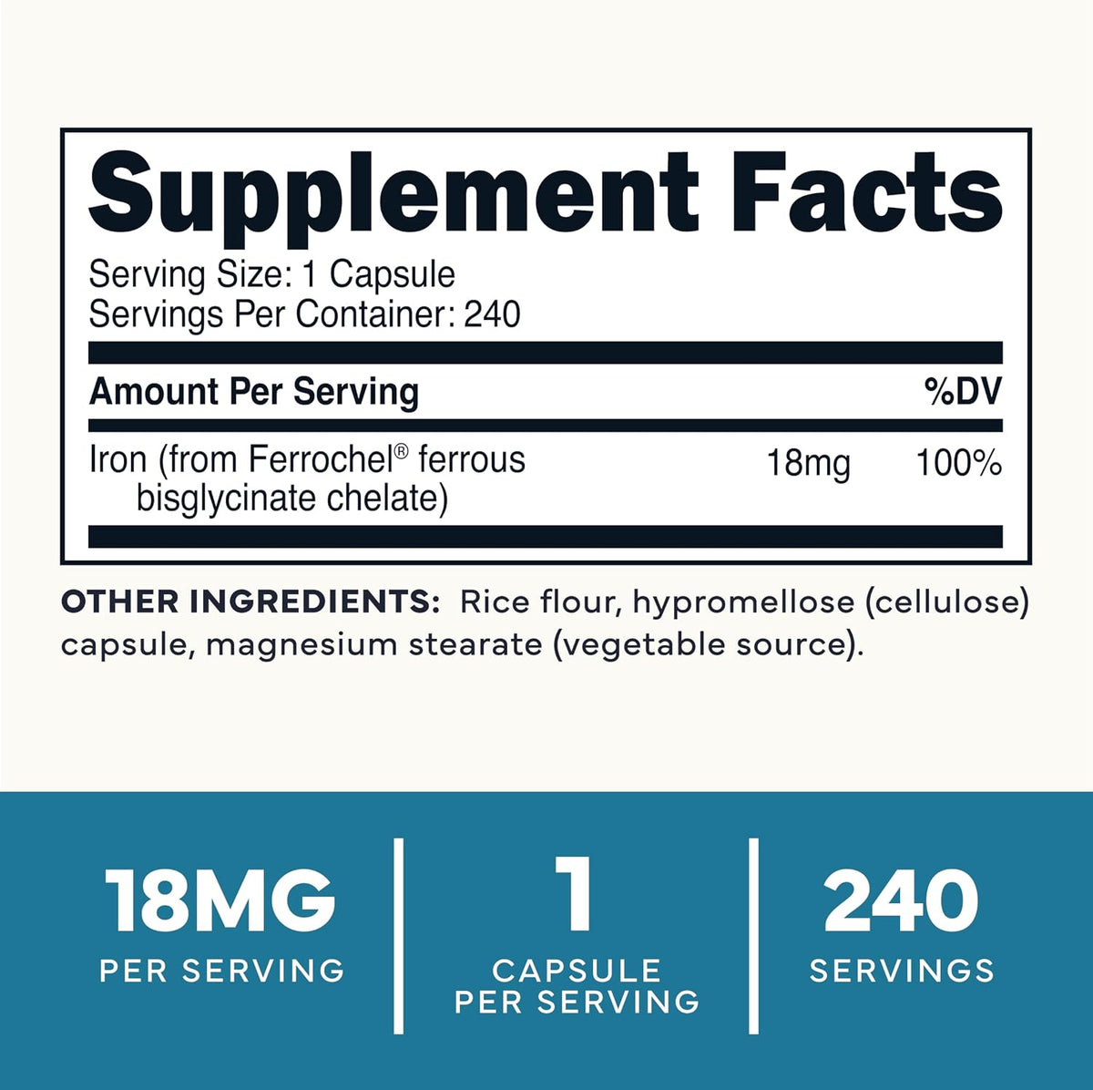 Type Zero Iron Chelate (18mg) 240 Capsules, Gluten-Free, GMO-Free - From Ferrochel Ferrous Bisglycinate Chelate