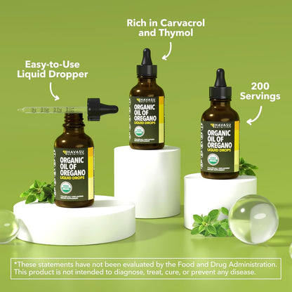 Organic Oil of Oregano Drops, 200 Servings, 1 Fl Oz High Strength Carvacrol - Oregano Oil Liquid Drops for Daily and Seasonal Immune Support, 6 Month Supply, Alcohol Free, Non-GMO, USDA Certified, Vegan
