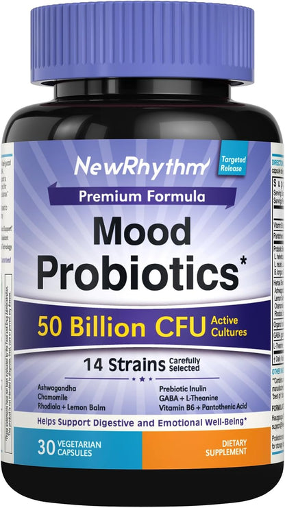 NewRhythm Mood Probiotics 50 Billion CFU, 14 Strains - Lactobacillus Helveticus, Prebiotic, Ashwagandha, GABA, L-Theanine, Vitamin B6 B5, Digestive & Mood Support, 30 Capsules