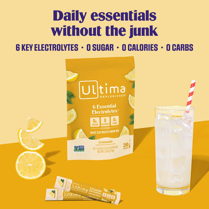 Ultima Replenisher Electrolyte Powder Drink Mix Bundle - Sugar Free - Lemonade, 90 Serving Canister and 20 Stickpacks - 6 Electrolytes and Minerals - Keto Friendly, Vegan, Non-GMO
