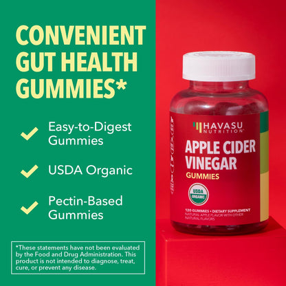 Apple Cider Vinegar Gummies, USDA Organic, Apple Flavor, 1-Month Supply - USDA Organic ACV Gummies for Digestive Health, Metabolism & Gut Support, Vegan, Gluten-Free, No Harsh Taste, 60ct