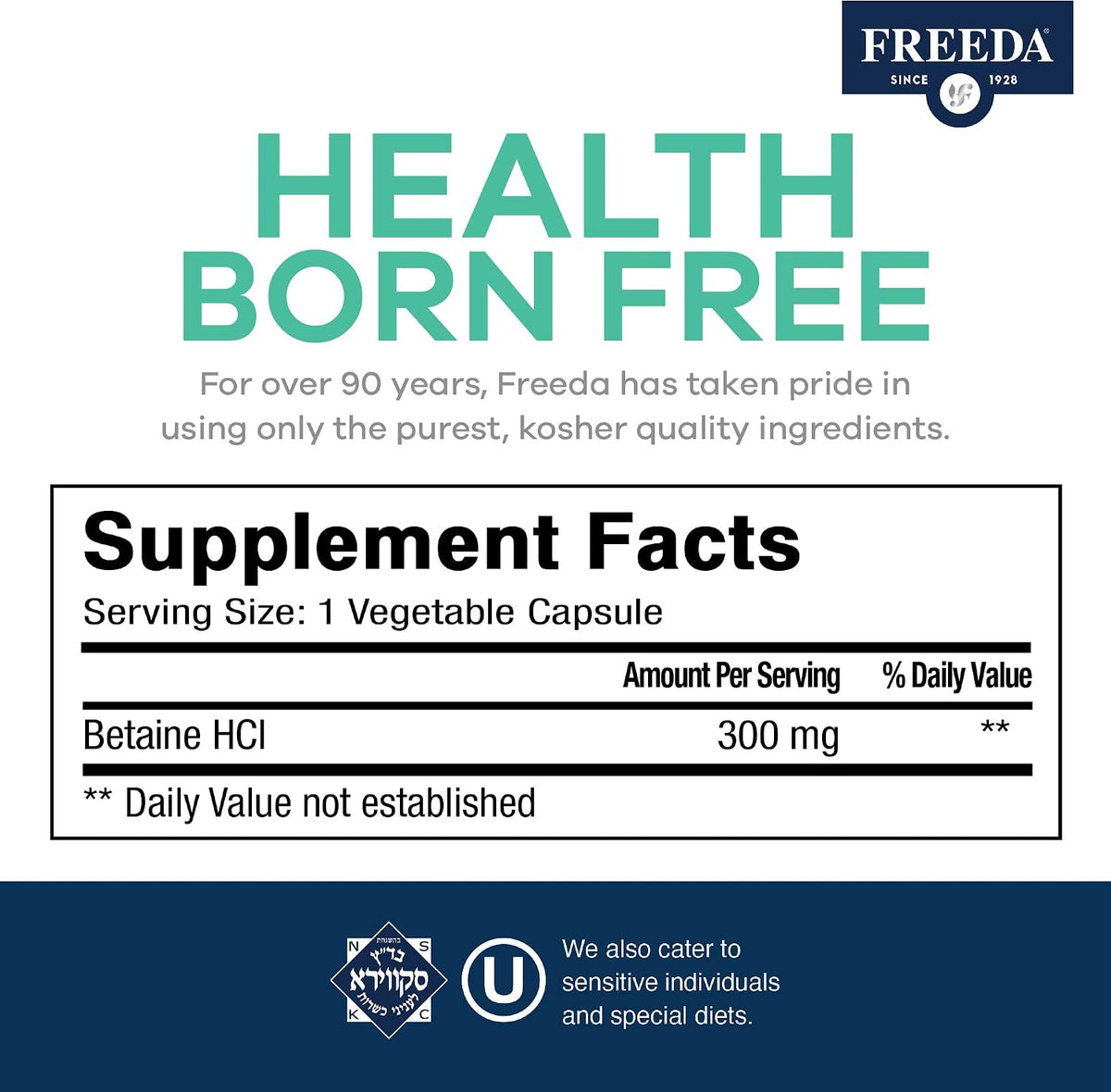 Freeda Betaine HCl Vegan Digestive Supplement - 90 Capsules - Vegan Betaine HCl Supplement - Supports Healthy Digestion - Free Of Pepsin - For Daily Digestive Wellness