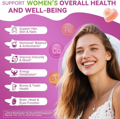 Totaria Sugar Free Womens Multivitamin Gummies with Iron, Women's Multivitamin w/Vitamins C, D3 K2, B12, B6, Filled Gummies for Daily Nutritional Support - Immune Support - Skin Health, Mixed Flavors