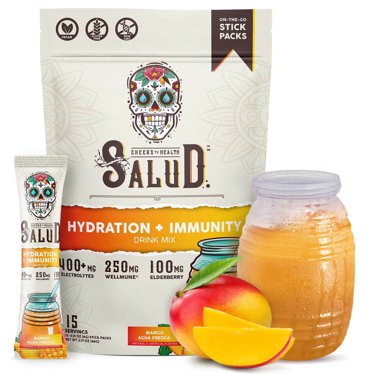 Salud 2-in-1 Hydration Packets + Immunity Electrolytes Powder, Mango - Agua Fresca Drink Mix, Elderberry, Dairy & Soy Free, Non-GMO, Gluten Free