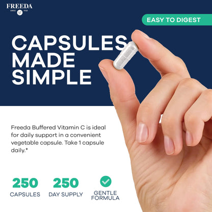 FREEDA Buffered Vitamin C 500mg for Immune Support - 100 Capsules - Includes 50mg Calcium - Supports Immune Health & Antioxidant Defense - Gentle on Stomachs, Kosher, Vegan, & Made in USA