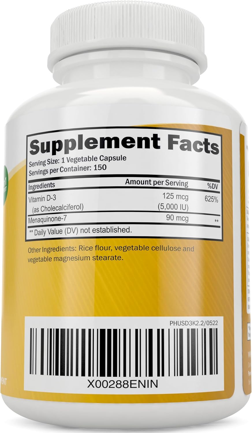 Vitamin D3 K2, 150 Servings, 5000iu D3 + 90mcg K2, Bone & Immune Support - Energy & Heart Health Support, High Absorption & Non-GMO, Once-Daily Vitamin Supplement, 150 D3K2 Capsules (5 Month Supply)